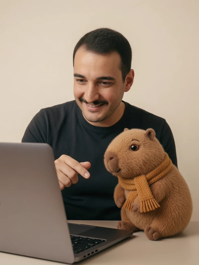 Matheus no notebook com a Capi ao lado, usando IA no dia a dia